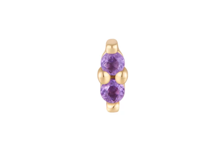 Mishka 2 Amethyst Threadless End van Buddha Jewelry in 14k goud met twee Amethist edelstenen, verkrijgbaar bij Piercing Studio Dodeka in Tilburg