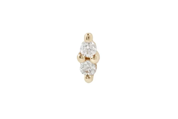 Mishka Prong 2 Threadless End van Buddha Jewelry in 14k goud met twee Swarovski CZ edelstenen, verkrijgbaar bij Piercing Studio Dodeka in Tilburg