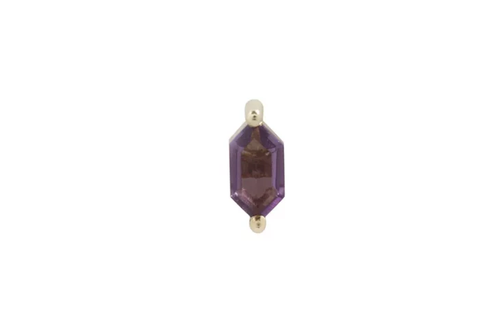 Oh My My Hex Cut Amethyst Threadless End van Buddha Jewelry in 14k goud met hexagonale Amethist, verkrijgbaar bij Piercing Studio Dodeka in Tilburg