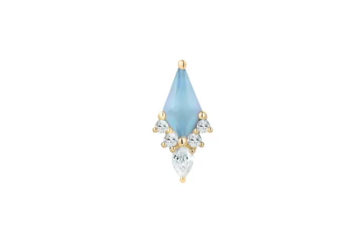 Afterglow Sandblasted Swiss Blue Topaz Threadless End van Buddha Jewelry in 14k goud met sandblasted Swiss Blue Topaz en Swarovski CZ's, verkrijgbaar bij Piercing Studio Dodeka in Tilburg