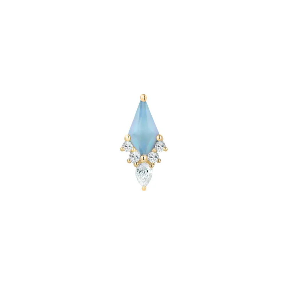 Afterglow Sandblasted Swiss Blue Topaz Threadless End van Buddha Jewelry in 14k goud met sandblasted Swiss Blue Topaz en Swarovski CZ's, verkrijgbaar bij Piercing Studio Dodeka in Tilburg