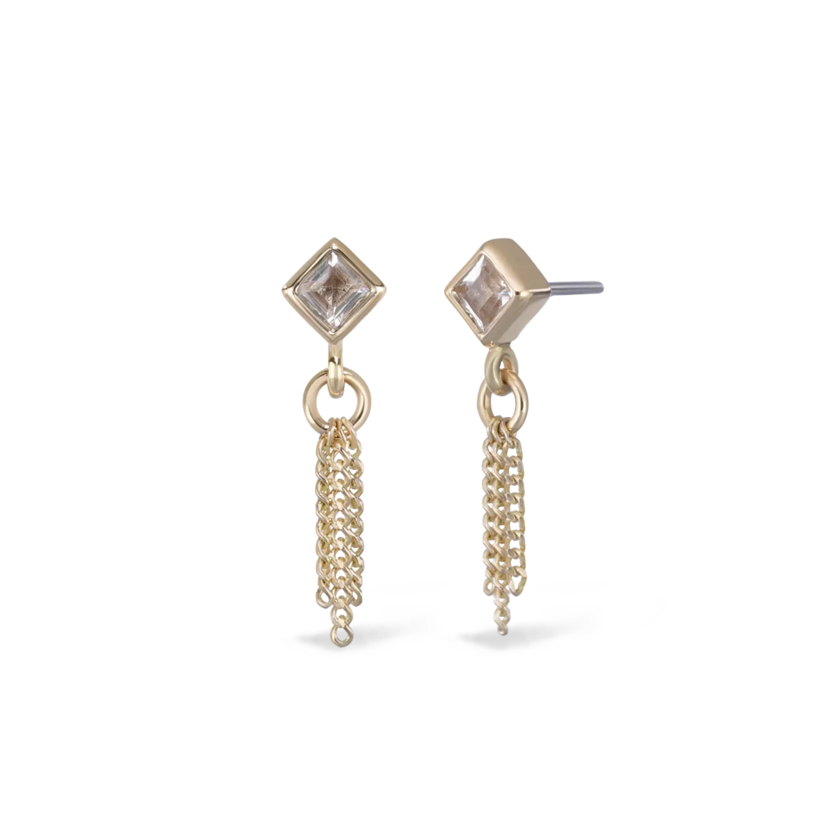 Threadless piercing met prinsessenslijpsel White Topaz en drie curb chain-tassels van 14k massief goud – elegant en subtiel beweeglijk design
