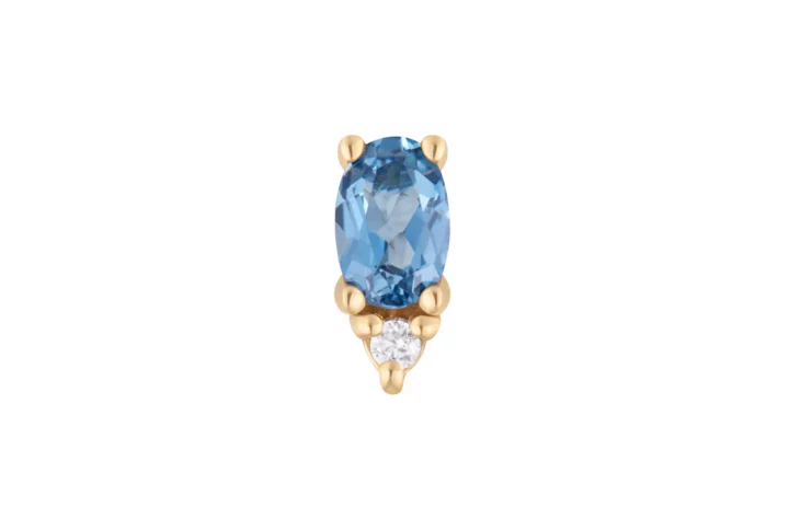 Desden Threadless End van Buddha Jewelry in 14k goud met London Blue Topaz en CZ, verkrijgbaar bij Piercing Studio Dodeka in Tilburg