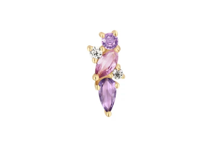 Gouden threadless piercing met amethist, pink sapphire en white topaz edelstenen, ontworpen in een elegante, gelaagde vorm – verkrijgbaar bij Dodeka Ink Tilburg.