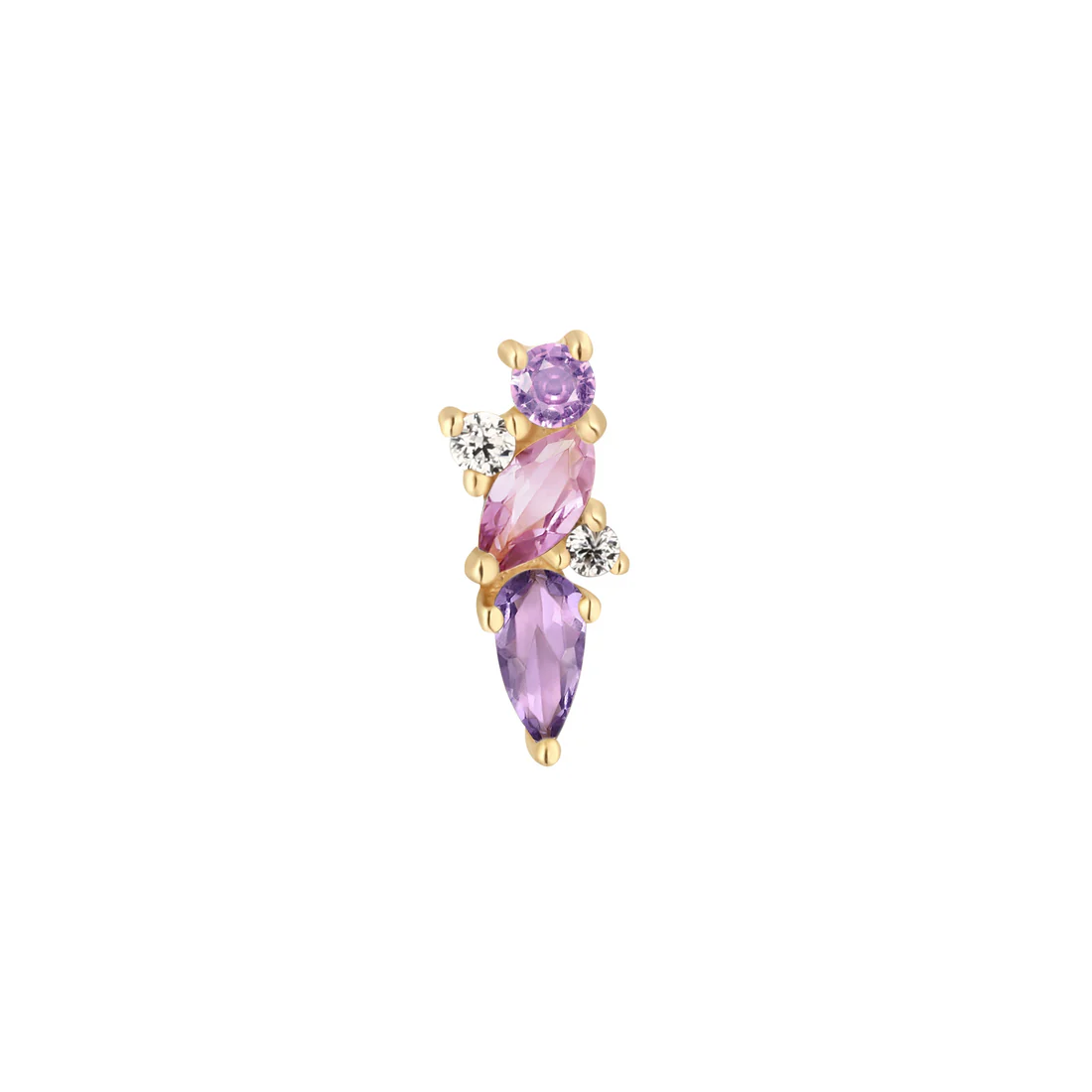 Gouden threadless piercing met amethist, pink sapphire en white topaz edelstenen, ontworpen in een elegante, gelaagde vorm – verkrijgbaar bij Dodeka Ink Tilburg.